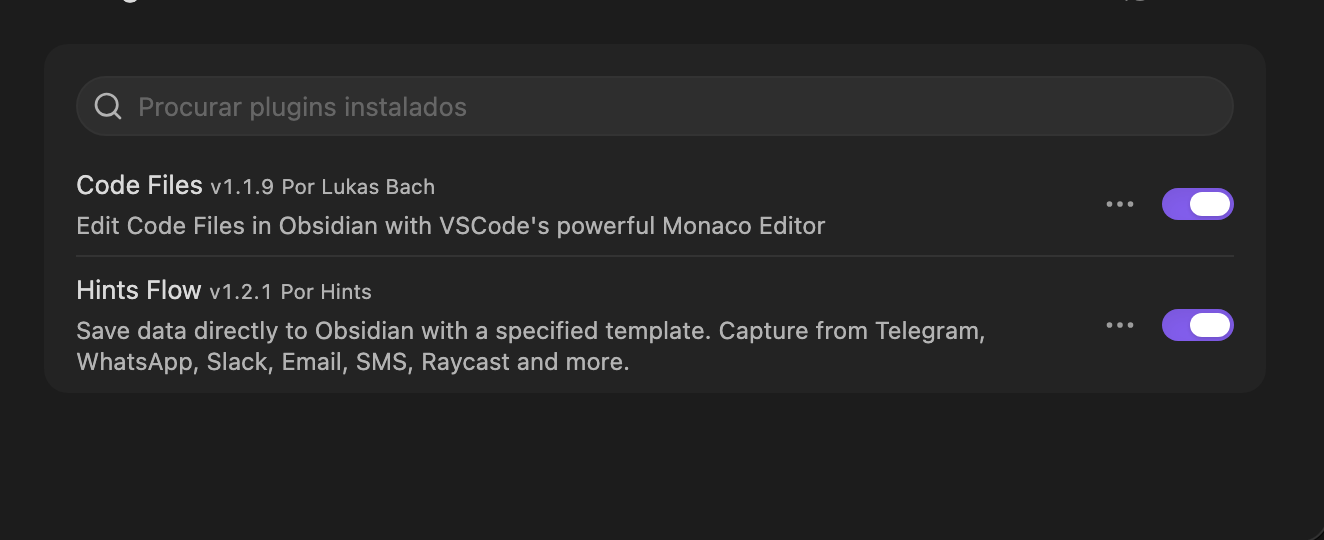 Print dos plugins Code Files e Hints Flow instalados no Obsidian